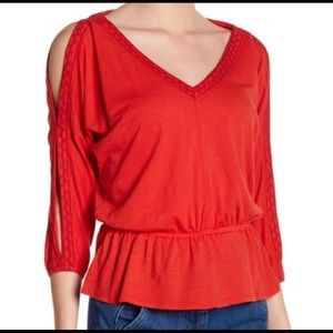 Lucky Brand peplum cold shoulder embroidered top